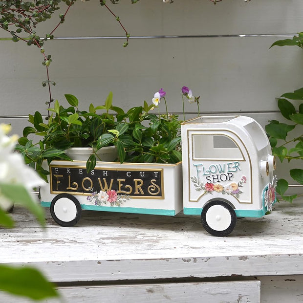 Farmhouse Small Flower Cart Metal Truck Decor Wagon Planters for Outdoor Plants Decorative Planters Vintage Indoor Plant Cart for Patio Garden Balcony White