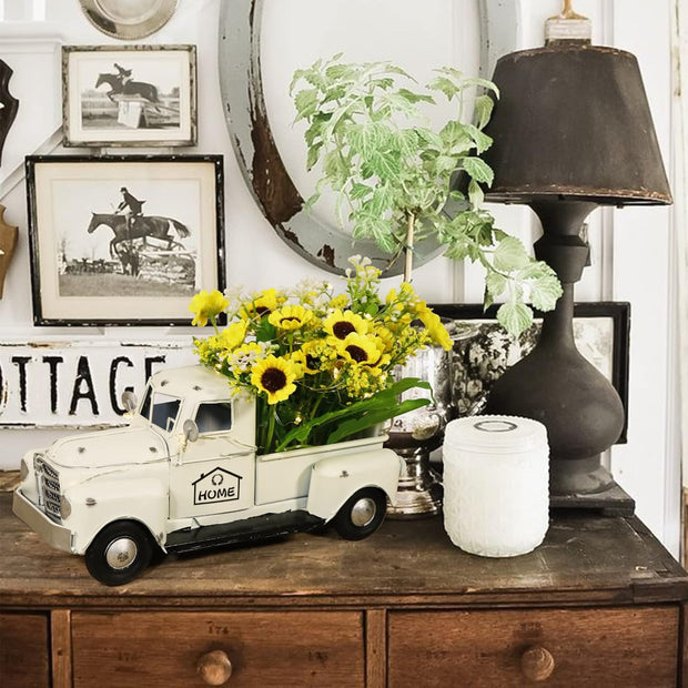 White Vintage Truck Decor with Sunflowers Artificial Flowers, Metal Truck Decor with LED String Lights for Tiered Tray Decor Items Mini Sunflower Decor Rustic Home Decor Farmhouse Table Decor
