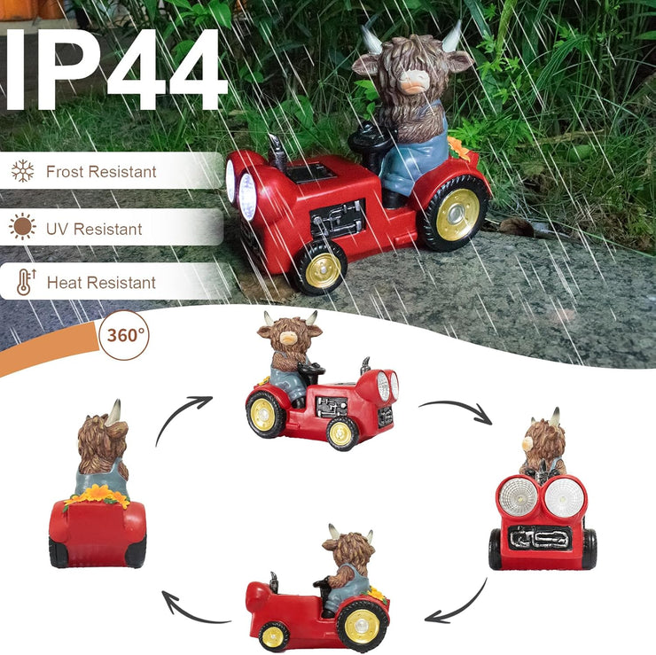 Solar Highland Cow Driving Car Garden Decor Statue, Outdoor Solar Light Decoration for Yard, Patio, Housewarming, Lawn, Birthday Gift for Women, Mom