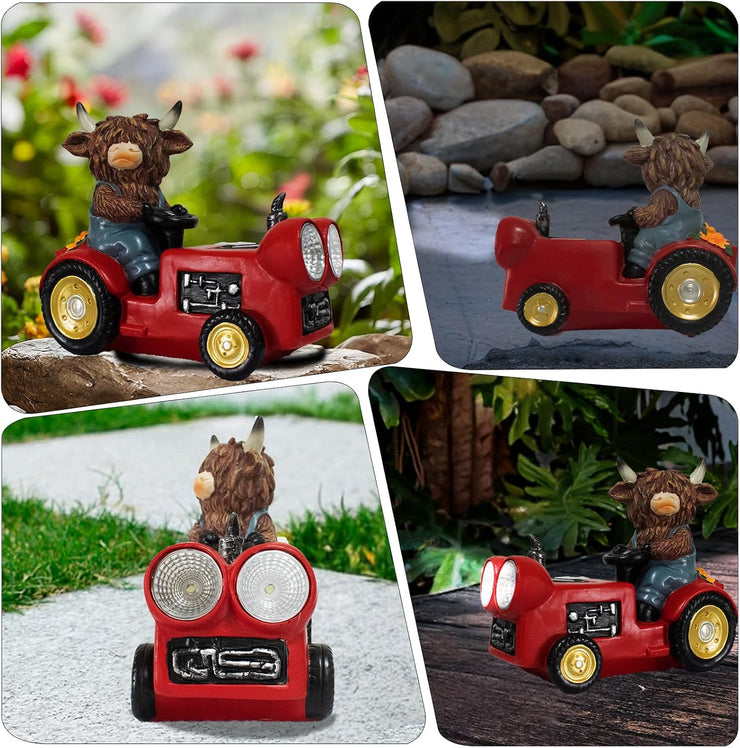 Solar Highland Cow Driving Car Garden Decor Statue, Outdoor Solar Light Decoration for Yard, Patio, Housewarming, Lawn, Birthday Gift for Women, Mom